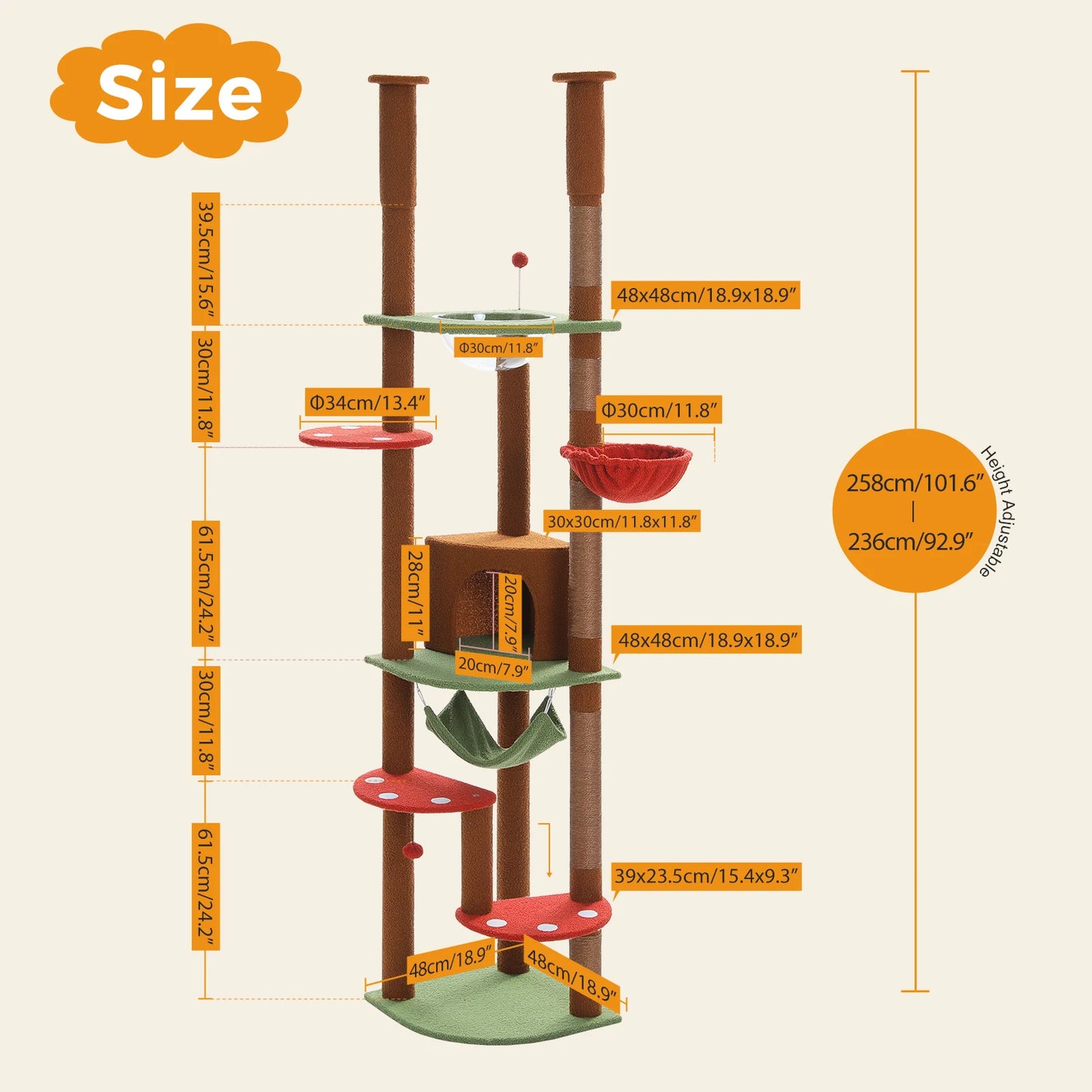 Arbre à chat haut et réglable en hauteur 2.36m à 2.58m